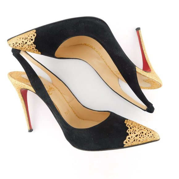 CHRISTIAN LOUBOUTIN Black Suede & Gold Glitter Sling Pumps 36.5 - Picture 4 of 9